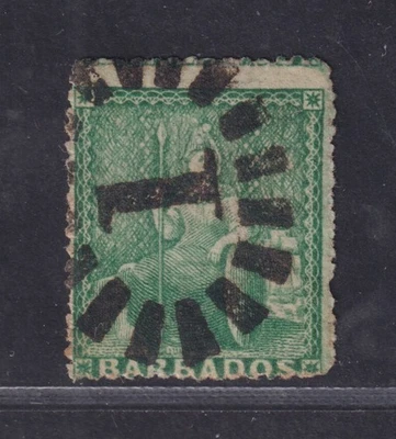 Barbados Scott 15 Used 1861 (½d) Green Britannia Rough Perf 16 SCV $47.50 - Image 1 of 2