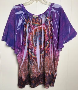 One World Tunic Blouse Top Size 3X Boho Hippie Fairycore Colorful Flutter Slv - Picture 1 of 9