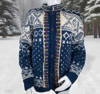 Suéter Nórdico De Colección Para Mujer M Azul Hecho a Mano Nepal Fair Isle 100% Lana Cárdigan Foto 1 de 4