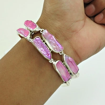 Cabochon Biwa Pearl Gemstone Bezel Chain Handmade Bracelet Solid Sterling Silver - Image 1 of 4