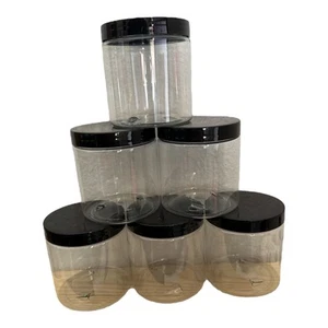 Six  8 oz clear plastic jars with black lids cosmetics scrubs beauty - Picture 1 of 1