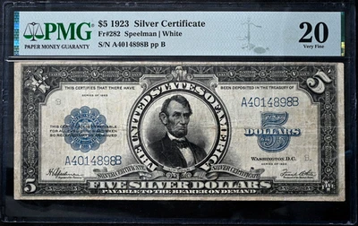 RARE 1923 $5 Silver Certificate Fr#282 Speelman White PMG 20 Very Fine Porthole - Image 1 of 2