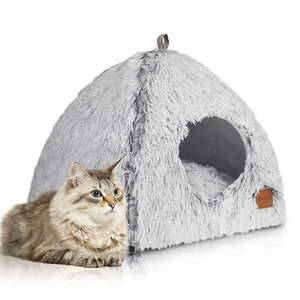 CATISM Cat Bed Cave Soft Home Warming Foldable Calming Fluffy Gradient Grey - Picture 1 of 8