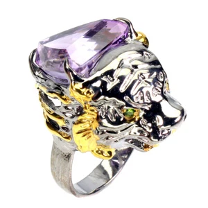 925 Sterling Silver Tiger Ring Amethyst 17ct Chrome Diopside Gemstone Handmade 9 - Picture 1 of 10