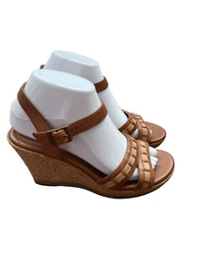 Clarks Womens Shoe Pitch Cocoa Cork Wedge Sandal Heel Tan Leather Size 7.5M - Picture 1 of 9