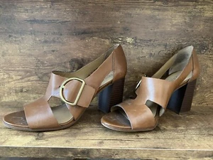 Franco Sarto Mirabel Brown Leather Gold Buckle Block Heels Women’s Size 9 Shoes - Picture 1 of 4