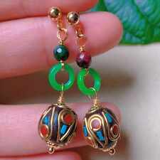 Natural Jadeite Nepal Malachite beads eardrop 18k gold Earrings Classic Women