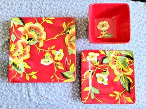 Pier 1 Imports 3 Stück Cassandra rot Blumen Schale mit Salat & Speiseteller Steingut - Bild 1 von 24