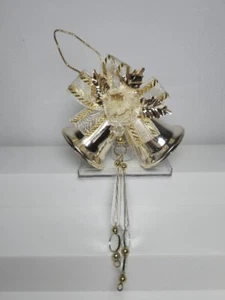 Vtg Christmas Ornament Decor Gold Metal Bells Holly Acrylic Crystals Fabric Bow - Picture 1 of 9