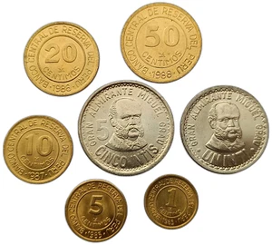 PERU – SET OF 7 COINS 1 CENTIMO - 5 INTIS 1985 - 1988 MIGUEL GRAU UNC - Picture 1 of 2