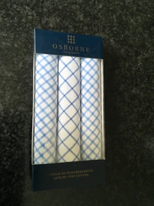 3 Pack Osborne ex High st Mens 100% Cotton blue white Handkerchiefs Hankies - Picture 1 of 2