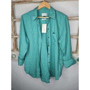 NWT Linen Relaxed Fit Teal Button Up Ladies collared shirt Size Medium - Picture 1 of 11