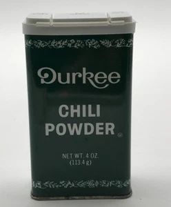 Vintage Durkee Spice Chili Powder 4 Oz Tall Tin ~1/4 full - Picture 1 of 6