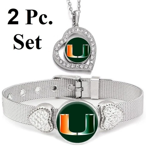2 PcSet Miami Hurricanes Womens Sterling Silver Necklace With Bracelet Cover