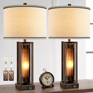 Rustic Table Lamps for Living Room Set of 2 with USB C+A Ports, Farmhouse Vintag - Picture 1 of 7