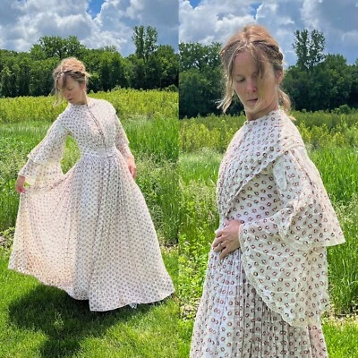 Vestido victoriano estampado rosebud algodón años 1850 abanico delantero mangas pagoda en capas XS Foto 1 de 4