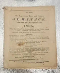 1865 - ERA DE LA GUERRA CIVIL - EL ALMANAQUE DE HAGERSTOWN Y COUNTRY - Imagen 1 de 8