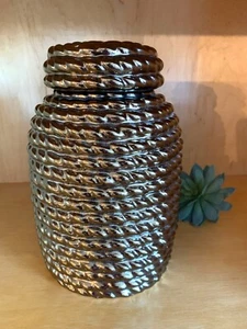 Large Textured Rope Bronze Ceramic Jar w/ Lid 10" x 6" Metalic Decor Vase 7979 - Picture 1 of 7