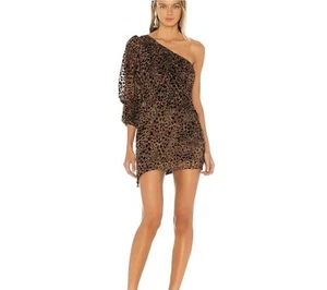 NWT Camila Coelho Pilar One Shoulder Ruched Mini Dress Brown Leopard Size Medium - Picture 1 of 7