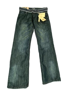 Pantalones de mezclilla Fusai para hombre 36x32 azul oscuro cintura con cinturón cómodos ajustados calce recto - Imagen 1 de 16