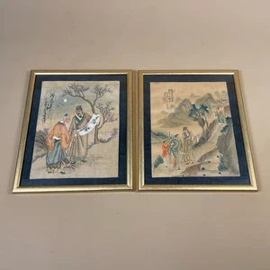 Set 2 Antique Hand Painted Silk Japanese Painting Picture Oriental Silk Artwork - Picture 1 of 12