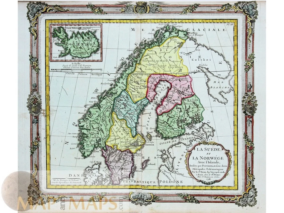 Scandinavia Antique Map – Sweden, Norway & Iceland, Desnos 1766 - Image 1 of 1