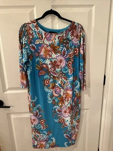 BOB MACKIE Wearable Art Size S Sheath Dress Blue Floral 3/4 Sleeve NEW - Picture 1 of 7