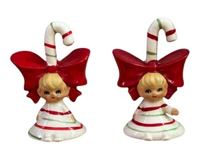 Vintage Lefton Japan Christmas Candy Cane Girl Figurine Bell With Stripes 2 Each - Picture 1 of 8