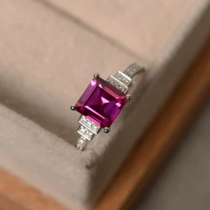 1.95 Ct Princess Cut Natural Ruby Diamond Ring of Wife 14K White Gold size6 - Picture 1 of 5