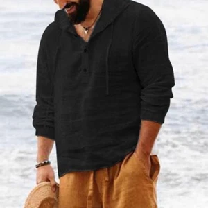 Men Solid Beach Hoodie Tops Cotton Linen Casual Hooded Long Sleeve T-Shirts - Picture 1 of 20