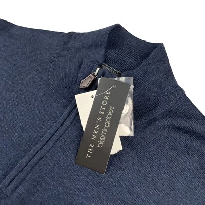 NEW Bloomingdale's Men's 100% Wool 1/4 Zip Pullover Sweater Navy Blue • Large - Image 1 of 4