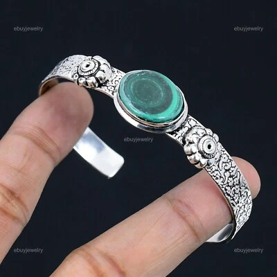 Regalo Para Mujer Brazalete Ajustable Plata de Ley 925 Piedras Preciosas Malaquita Natural Foto 1 de 4