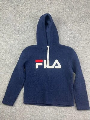 FILA Teddy Hoodie Women's Small Blue Soft Fleece Pullover BIG Logo Spell Out - Image 1 of 4