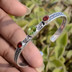 Green Peridot, Garnet Gemstone Bangle 925 Sterling Silver Handmade Cuff Bracelet - Picture 1 of 8