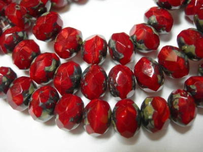 25 beads - 8x6mm Red Opal Picasso Czech Firepolished Rondelle beads - Image 1 of 2