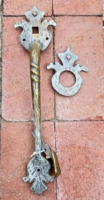 VINTAGE ART NOUVEAU BRASS DOOR LOCK 12 1/2” With Thumb Latch, Cylinder Collar282 - Image 1 of 4