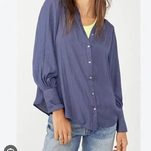 Free people blue pinstripe button down oversized Silky Shirt top size XS/S - Picture 1 of 12