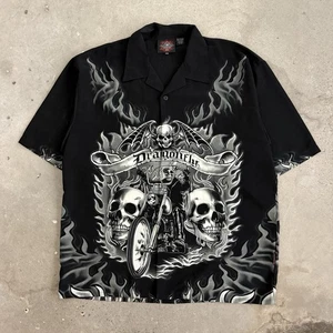 Dragonfly Roadhouse Button Down Skull Flame Biker Grey Black Shirt 3XL - Picture 1 of 4