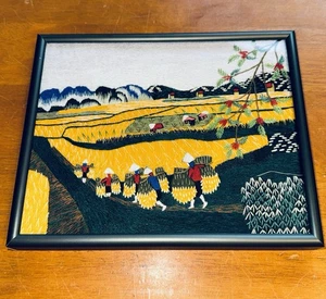 Vietnamese Embroidered Silk Thread Framed Folk Art Handmade Wall Art Harvest - Picture 1 of 9