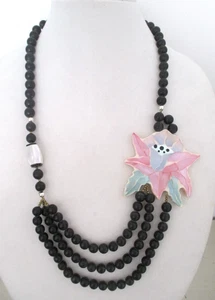 VINTAGE 70's INLAID MOP Pink Teal Cream BLACK BEADED FLOWER NECKLACE W/EARRINGS - Picture 1 of 12