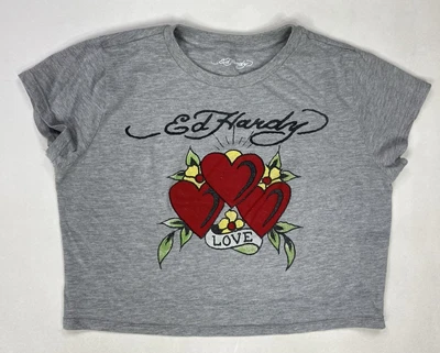 Ed Hardy Graphic Crop Baby Tee T-shirt Women Large Gray Short Sleeve Y2k - Изображение 1 из 4