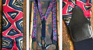 VTG SATIN RED GEOMETRIC BLUE GREEN YELLOW SUSPENDERS BRACES BLACK LEATHER EUC - Picture 1 of 10
