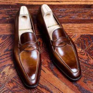 Handmade Men's Brown Calf Leather Penny Loafer Toe Original Slip on Dress Shoes - Picture 1 of 9