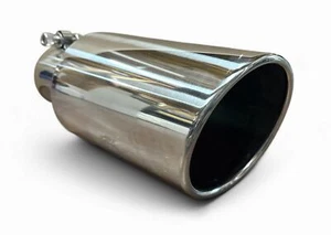 3" INLET x 5" OUTLET x 12”L ROLLED ANGLE POLISHED STAINLESS DIESEL EXHAUST TIP - Picture 1 of 6