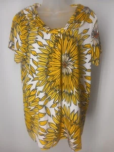 Rafaella Women's Top Size Large Yellow Floral Stretch Short Sleeve Poly/Spandex - Picture 1 of 9