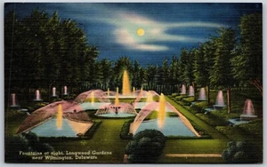 Vtg Wilmington Delaware DE Fountains At Night Longwood Gardens 1940s Postcard - Picture 1 of 2