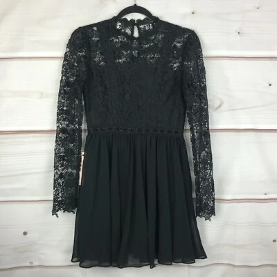 Aqua Dress Womens XS Black Lace Bodice Fit and Flare Long Sleeve Crew Neck Solid - Image 1 of 4