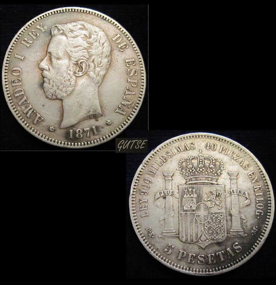 SPAIN, 7-AMADEO I, 5 PESETAS 1871*18-74, SILVER, GVF. - Image 1 of 1
