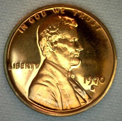 1970 S Lincoln Penny One-Cent Proof U.S. Mint Copper Coin 1c from Proof Set - Image 1 of 2