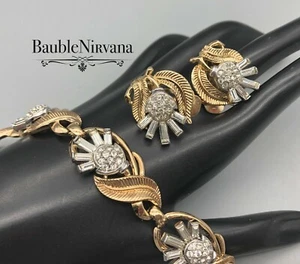Vintage Crown Trifari Silver&Gold Plated Flowers Baguettes Bracelet&Earrings Set - Bild 1 von 6